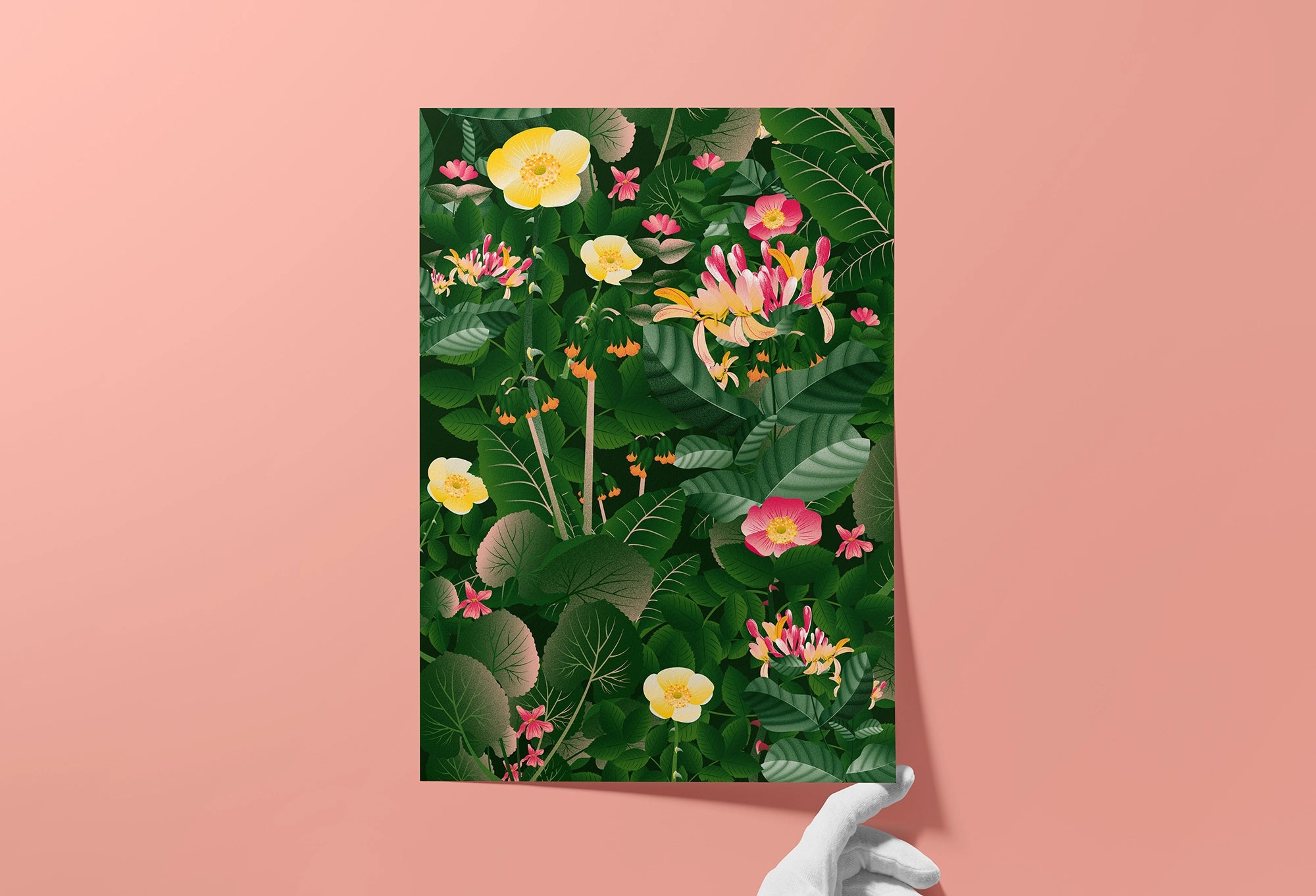 Vibrant floral botanical art print with lush green leaves and pink flowers, perfect for adding nature-inspired decor to any space.